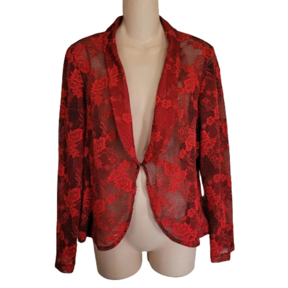 Annalee+Hope Red Black Lace Open Front Cardigan Blazer Style Size Women's Medium